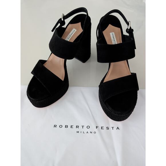 NIB Roberto Festa Milano Suede Sandals Black  EU39.5 US 9.5 120mm Heels Italian - Picture 2 of 9